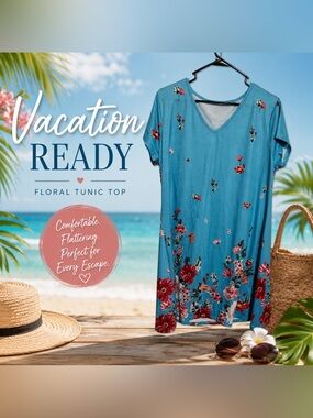 Blue Floral T-Shirt Dress | Short Sleeve V-Neck Casual Swing Dress | Plus Size